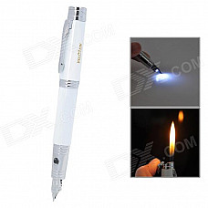 Pen Style Butane Jet Lighter w/ Flashlight - White + Silver