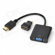 1080P HDMI Male to VGA Female Adapter Cable w/ Mini HDMI Male to HDMI Female Adapter - Black