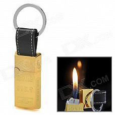 Gold Bar Style Alloy Butane Yellow Flame Jet Lighter w/ PU Leather Keychain - Light-Gold + Black