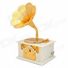 Retro Disc Turntable Phonograph Style Plastic Mechanical Music Box - White + Golden