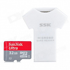 Sandisk MicroSDHC MicroSD / TF Card + SSK T-Shirt Shape TF Card Reader - Red + Grey + White (32GB)