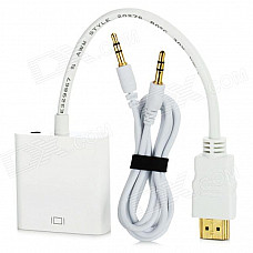 HDMI Male to VGA Female / 3.5mm Audio Jack Adapter Cable w/ 3.5mm Audio Male to Male Cable - White