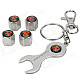 "R" Pattern Stainless Steel Car Tire Valve Caps + Wrench Keychain Set - Black + Silver
