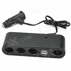 Dual-USB 1-to-4 Car Cigarette Lighter Power Socket - Black