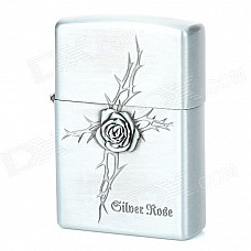 6164 Stylish Rose Pattern Relievo Stainless Steel Kerosene Oil Lighter - Silver