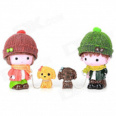 Couple Walk The Dog Style Resin Decoration Doll Toy - Red + Green + Brown + Yellow (2 PCS)