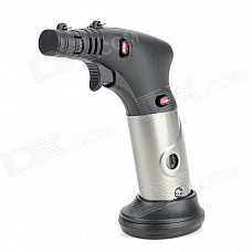 Windproof 1300'C Dual Flame Lockable Butane Jet Lighter Torch w/ Base Holder - Grey + Black