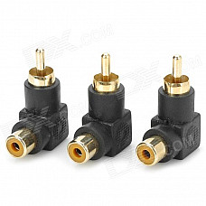 Gold Plated RCA Male to RCA Female Right Angle Extension Adapter - Black + Golden (3 PCS)