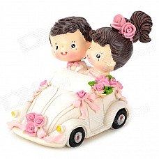 9694 Wedding Couple in the Car Style Resin Display Model Toy - White + Pink