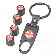 UK Flag Pattern Tire Valve Caps + Wrench Keychain