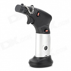 Windproof 1300'C Dual Flame Lockable Butane Jet Lighter Torch w/ Base Holder - Grey + Black