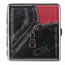 Zipper Style PU Leather + Stainless Steel Double-sided Cigarette Case - Black (Holds 20 PCS)