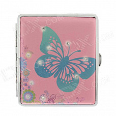 775-4 Butterfly Pattern Portable PU Leather + Aluminium Alloy Cigarette Case - Pink + Blue