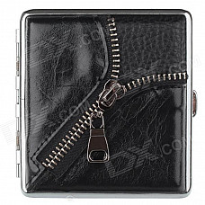 Zipper Style PU Leather + Stainless Steel Double-Sided Cigarette Case - Black (Holds 20 PCS)