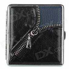 Zipper Style PU Leather + Stainless Steel Double-Sided Cigarette Case - Black (Holds 20 PCS)