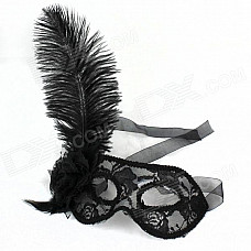 Ostrich Hair Style Lace Party Women's Mask - Black