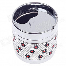 Zinc Alloy Flower Pattern Rotary Cover Ashtray w/ Rhinestone Decoration - Silver + Black + Red