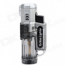 Triple-Flame Windproof Butane Gas Lighter - Silver + Translucent Black