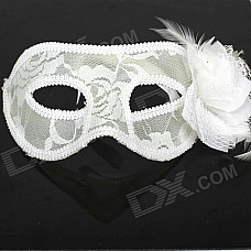 Chiffon With Flowers Feather Women's Mask - White
