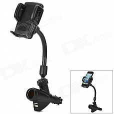 H-08308 Convenient Phone / GPS Holder w/ Car Cigarette Lighter + Dual Female USB Output - Black