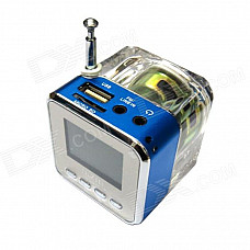 2" LCD Colorful Flash Mini Speaker w/ FM, TF Card Reader & Clock - Blue+Transparent