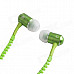 HH-135 Novel Zipper Style Universal Wired In-ear Headset - Green (3.5mm Plug)