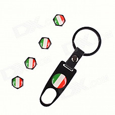 Italy Flag Replacement Aluminum Alloy Car Tire Valve Caps + Key Ring Set - Black (4 PCS)