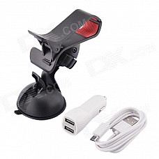 Car Suction Cup Holder + Dual USB Car Charger w/ Micro-USB Cable for Phone / GPS - White+ Black