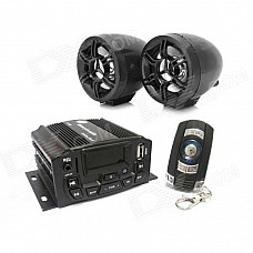 Kinrener 1.4" LED 4 x 25W Motorcycle Amplifier Burglar Alarm w/ MP3 / USB / TF / AUX / FM - Black