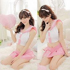 Women's Fashionable Sexy Student Style Cosplay Sleep Dress Set - White + Light Pink