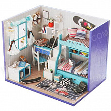 DIY Creative Cute Wooden House Model Toy - Blue + Black + Multi-Colored