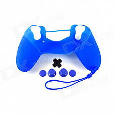 A-M011 Protective Silicone Case + Rocker Cap + Cross Key + Key Cap Set for PS4 Controller - Blue