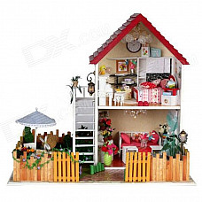 DIY Creative Cute Wooden 2-Floor House Model Toy - White + Red + Multi-Color