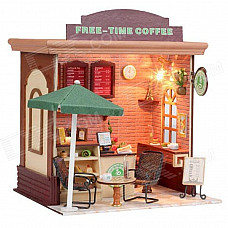 DIY Creative Cute Wooden Coffee House Model Toy - Deep Grey + Green + Multi-Color