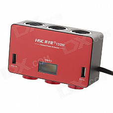HSC YC-434 Dual USB Car Cigarette Powered Adapter Extended Socket with Voltage Display - Red + Black
