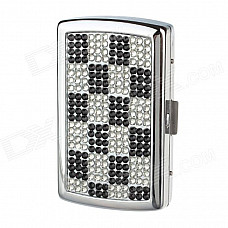 Clamshell Double-Sided Rhinestone Studded Aluminium Alloy Cigarette Case - Sliver + Black