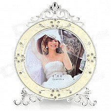 D5055TW Round Shaped Rhinestone Inlaid Photo Frame - White + Silver