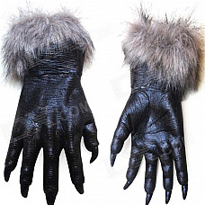 Halloween Costume Fancy Ball Props Horrible Furry Wolf Hands Style Gloves - Black (Pair)