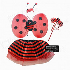 Halloween Costume Makeup Props Ladybird Skirt + Wings + Headband + Stick Set - Red + Black