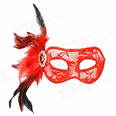 Stylish Sexy Crystal + Feather Decorated Lace Mask for Women - Red