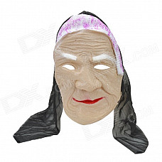 Old Woman Wearing Hat Style Rubber + Nylon Mask - Beige + Black