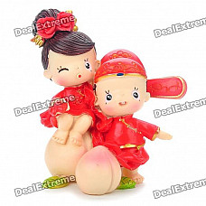 Cute Chinese Style Couple's Resin Display Toy Doll - Sitting on Peaches