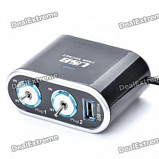 Dual Car Cigarette Sockets Power Adapter with USB Power Port - Black (DC 12~24V)